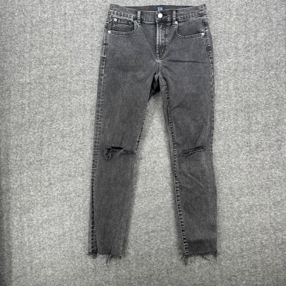 Gap True Skinny Jeans Womens 27 Washed Black Distressed Knee Raw Hem High Rise